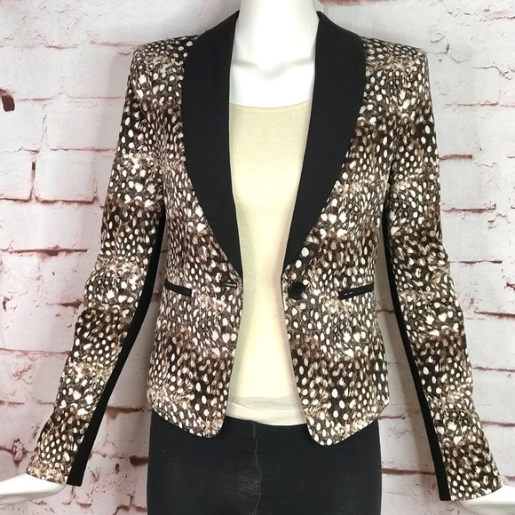 BCBGMaxAzria BOWIE Feather XXS Camel Combo Leopard print Tuxedo Blazer Jacket - Picture 11 of 16